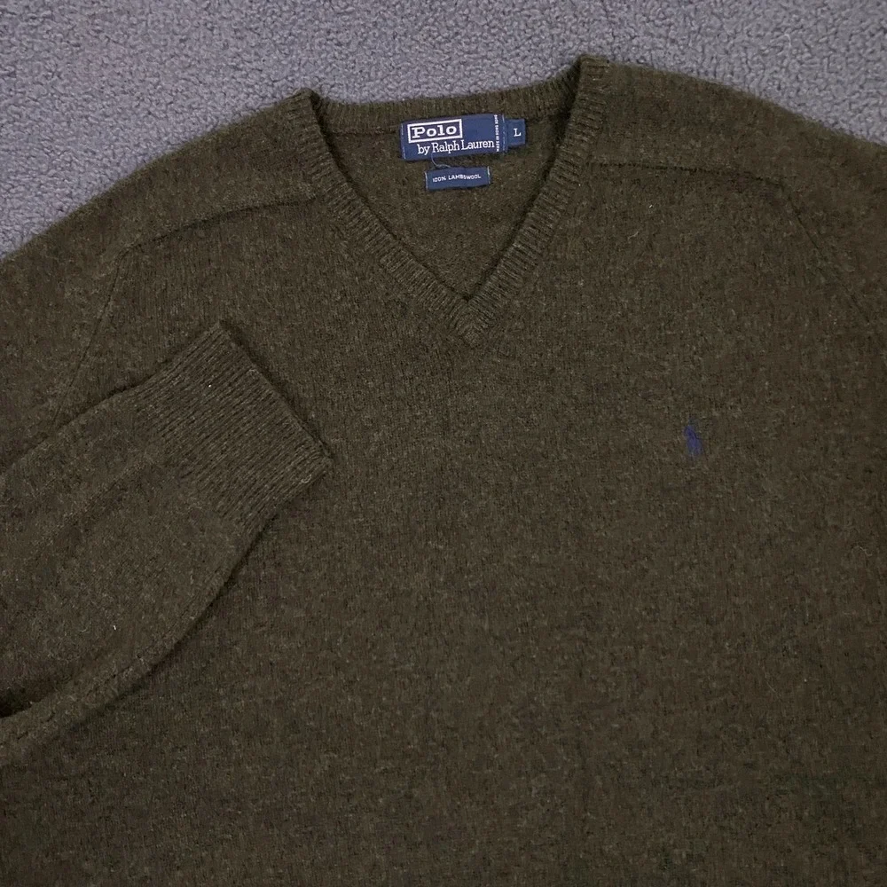 Vintage Polo Ralph Lauren Sweater Mens‎ Large 100% Lambswool Pony Olive V-Neck